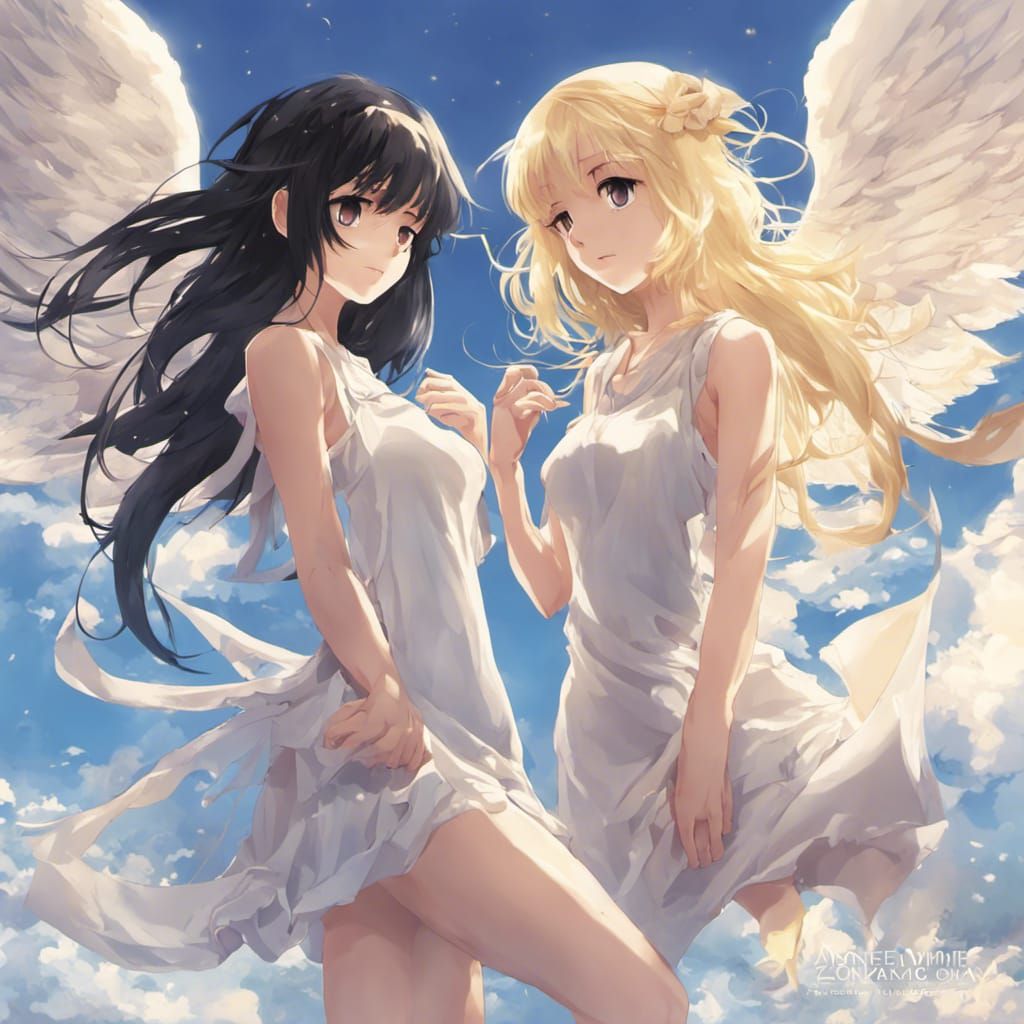 Anime Style: Black Haired Girl and Angel in Heaven