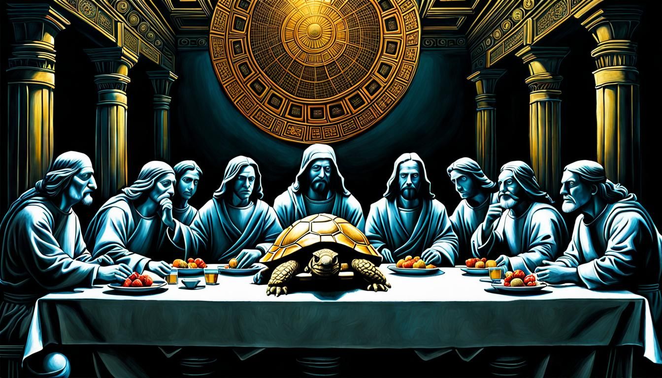 Anthropomorphic Turtle Last Supper in Studio Ghibli Style