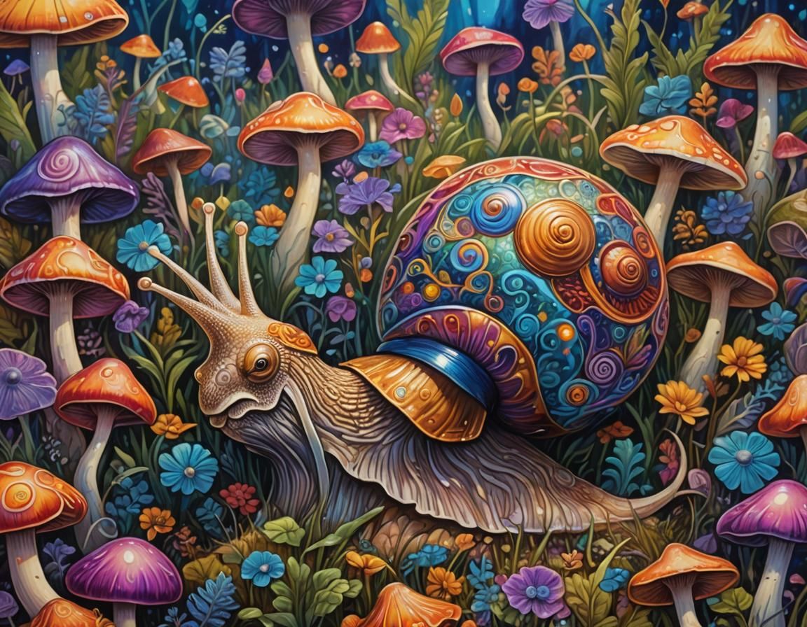 Psychedelic Snail on Magic Mushroom in Oil Painting Style