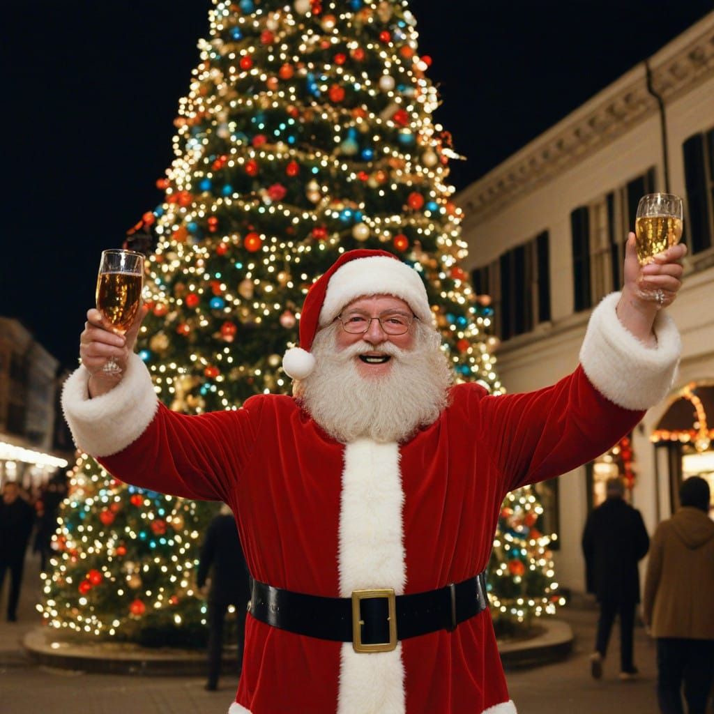 Santa Claus in Vibrant Christmas City Square at Night