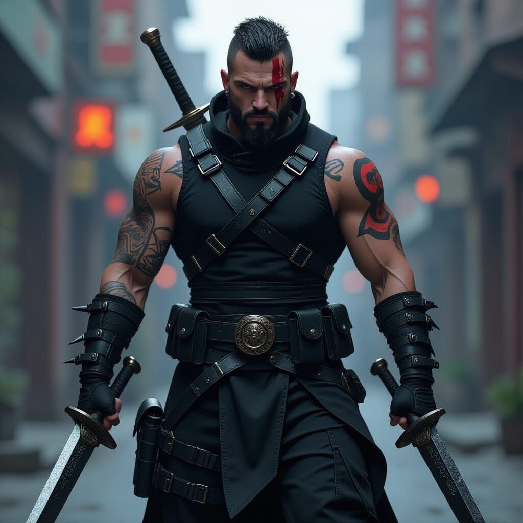 Muscular Assassin with Daggers in Opiumcore Style