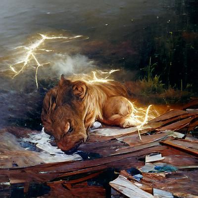 Lion Struck by Lightning as Oil Painting