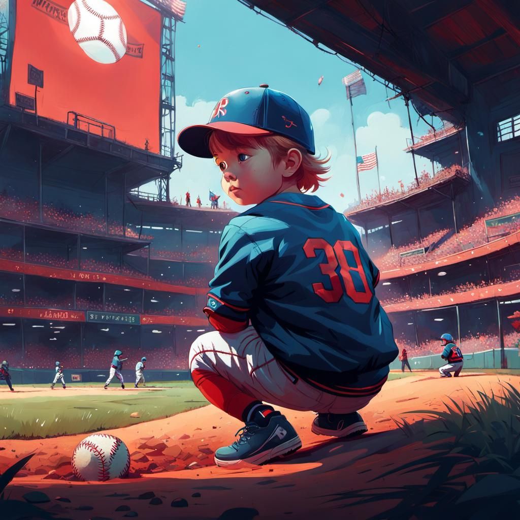 Toddler Plays Baseball: Digital Illustration