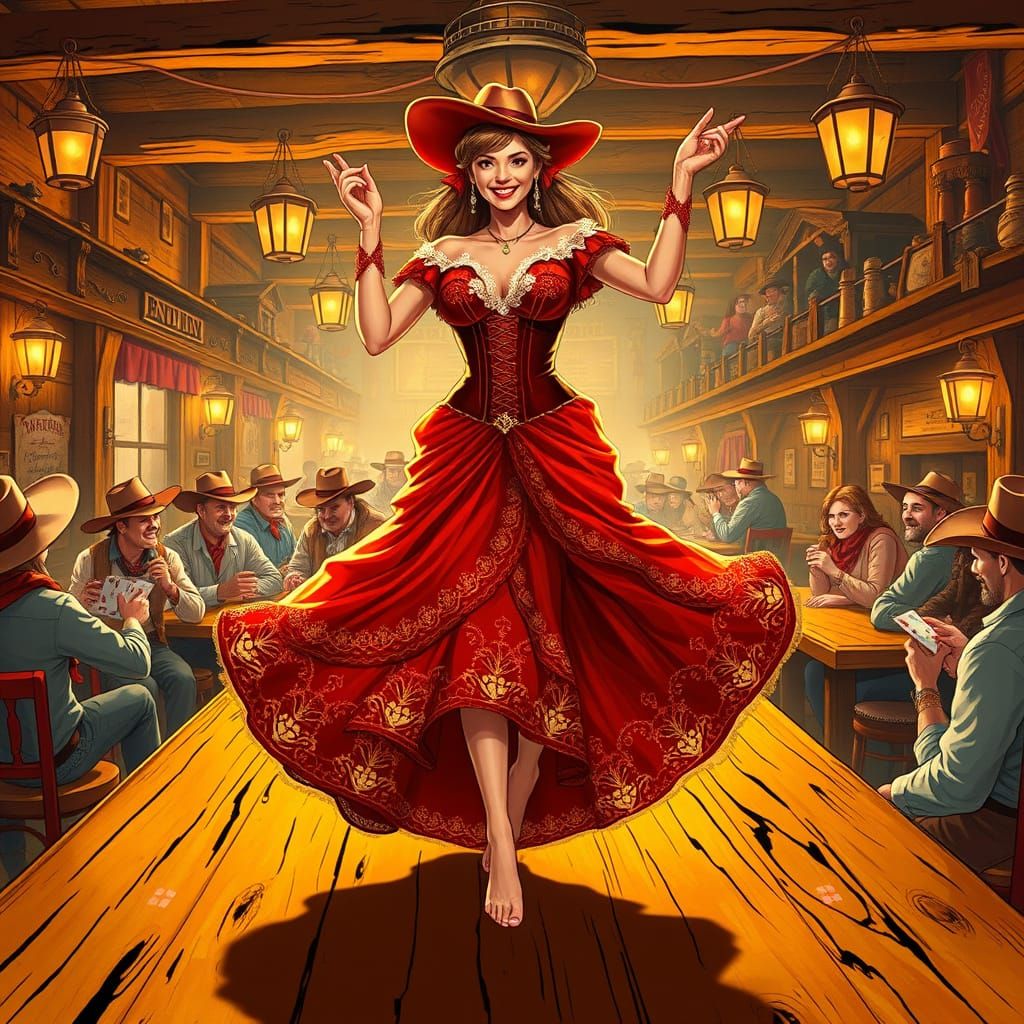 Vibrant Saloon-Lady Dancing Barefoot in a Bustling Western S...