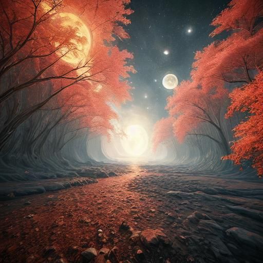 Asteroid Dwarfs Moonlit Sky: Fantasy Concept Art