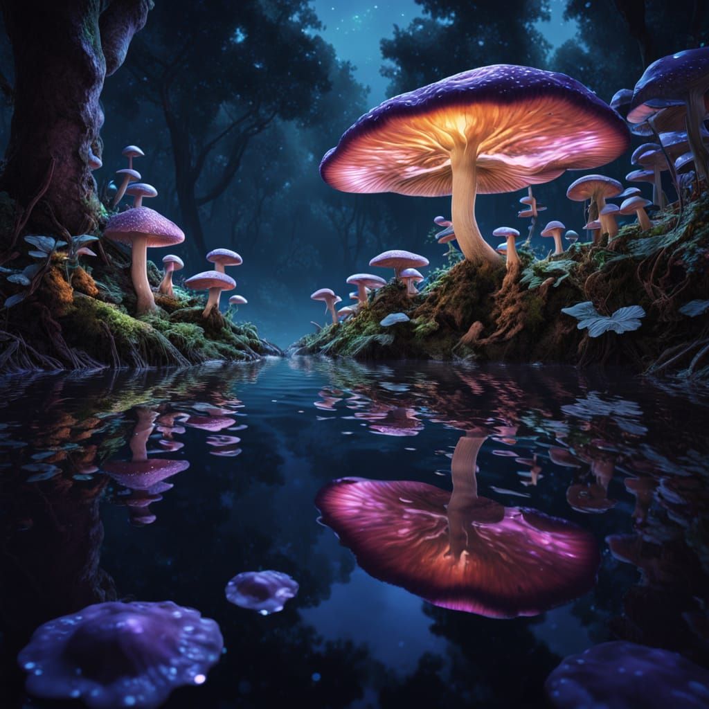 Glowing Water Creature in a Forest of Vibrant Mushrooms