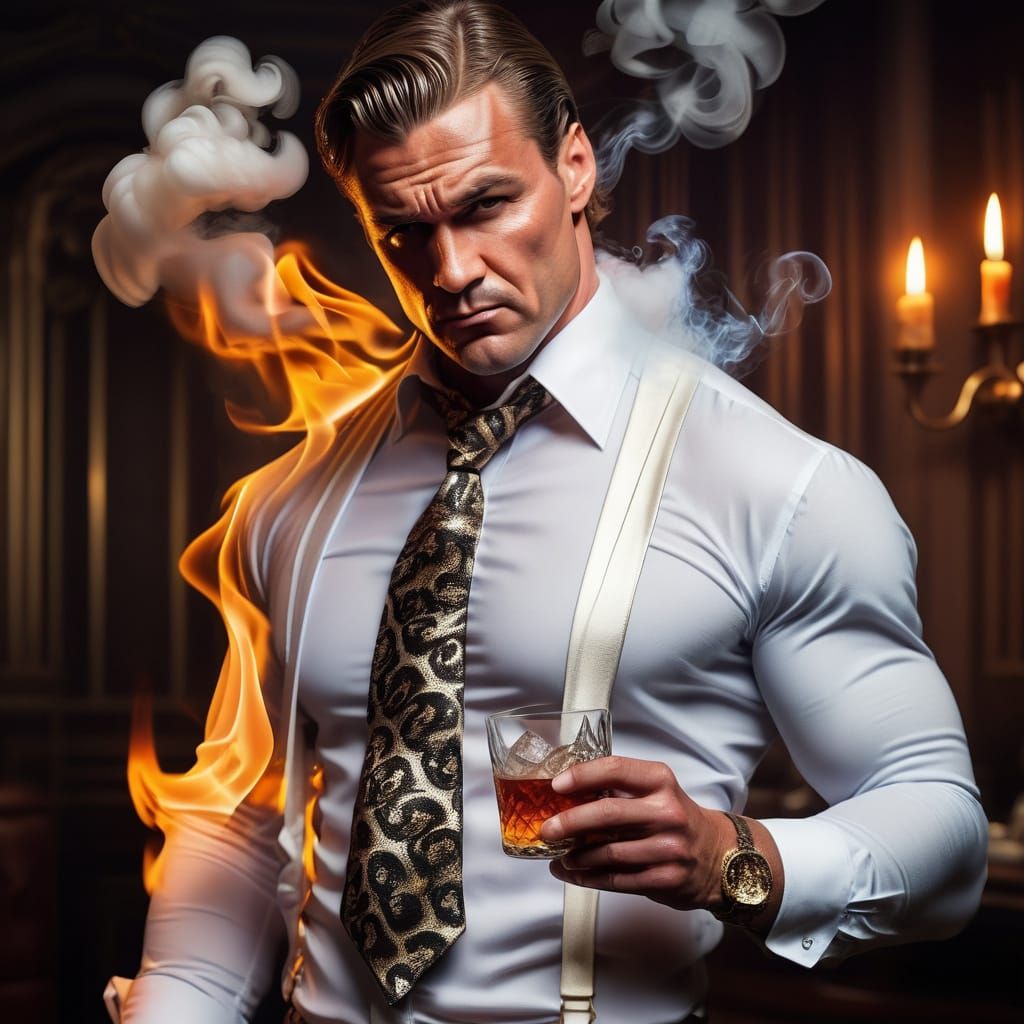 Hot gangster beefcake in hellfire party. Smoke curls around ...