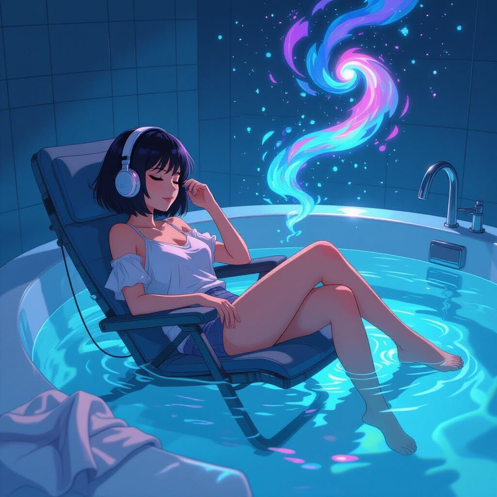 Woman in Cosmic Tub Listening to Music