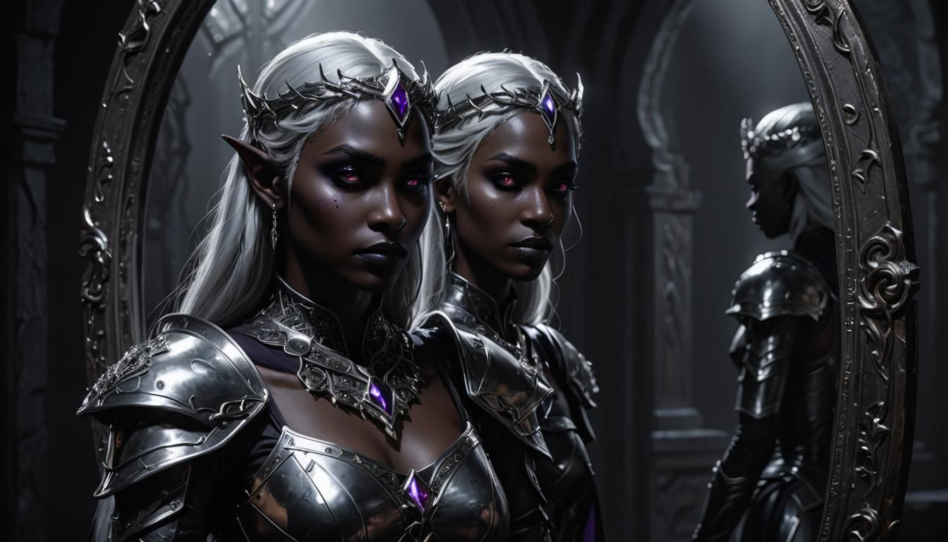 Drow Introspection: Mirror Reflection in Dark Fantasy Style