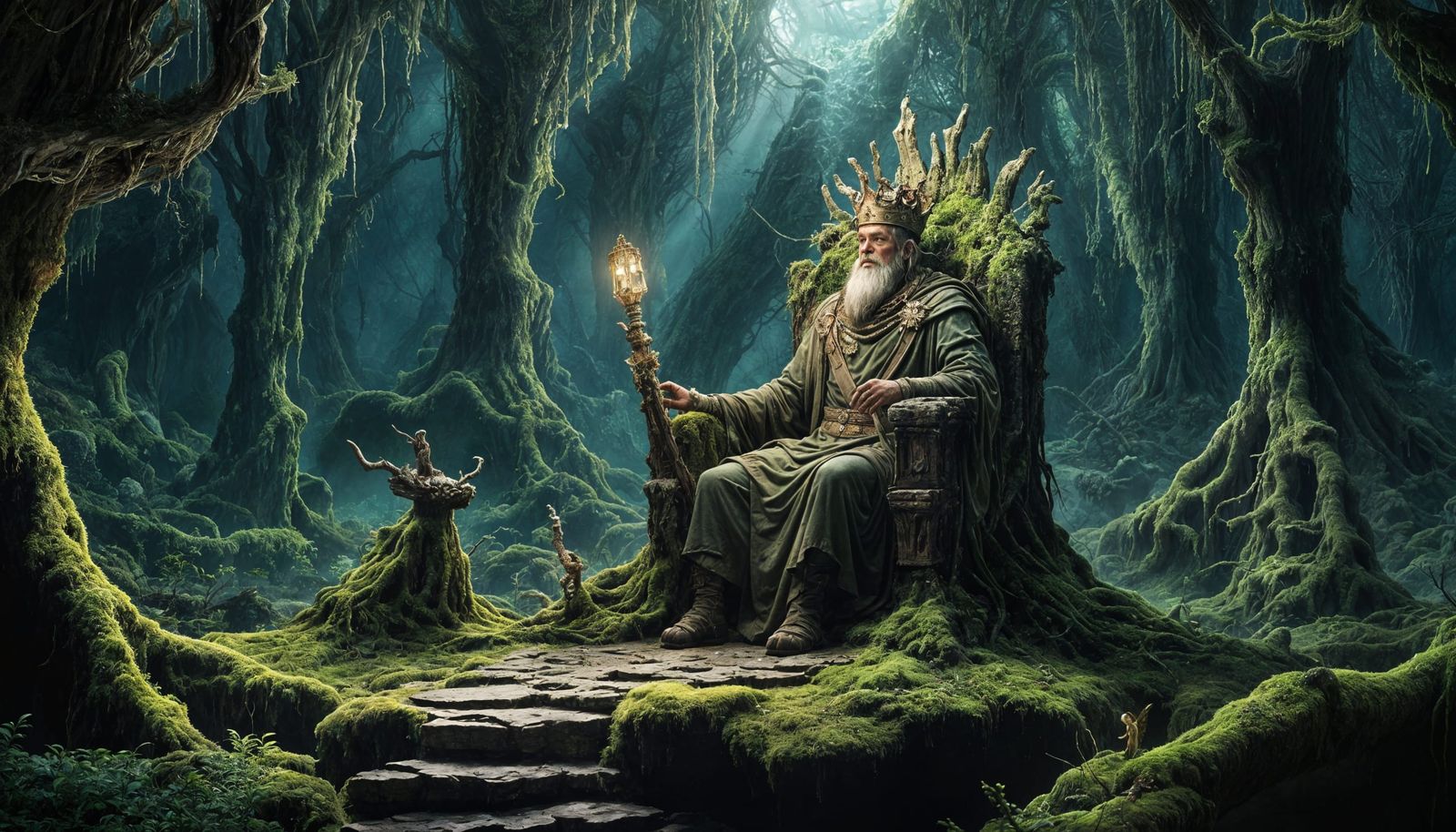 Ancient God of Forgotten Realms in Bioluminescent Forest