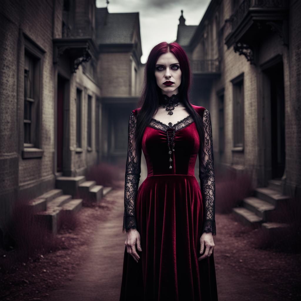 Goth Woman in Haunted Town: Hyperrealistic Image