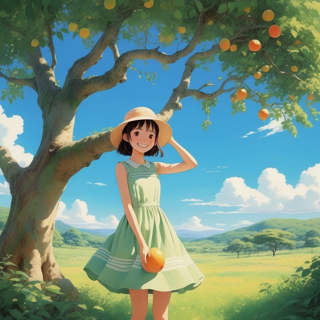 Lush Orchard Beauty in Vibrant Anime Style