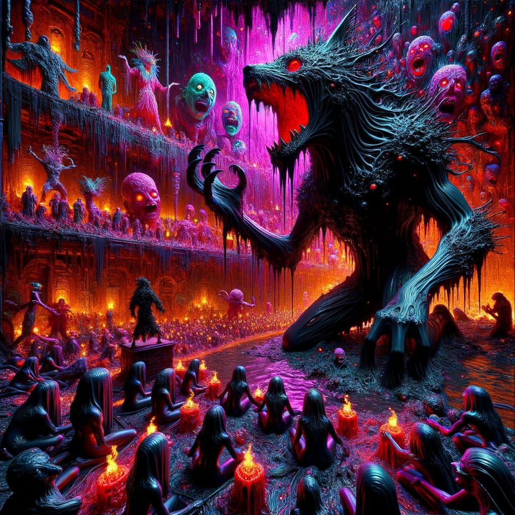 Eerie Underworld with Oil Being, Sphinxes, and Porcupine Cat