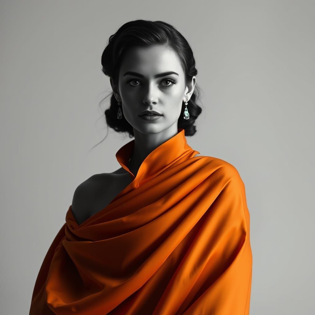 Elegant Woman in Marigold Orange Gown with Chiaroscuro Shado...