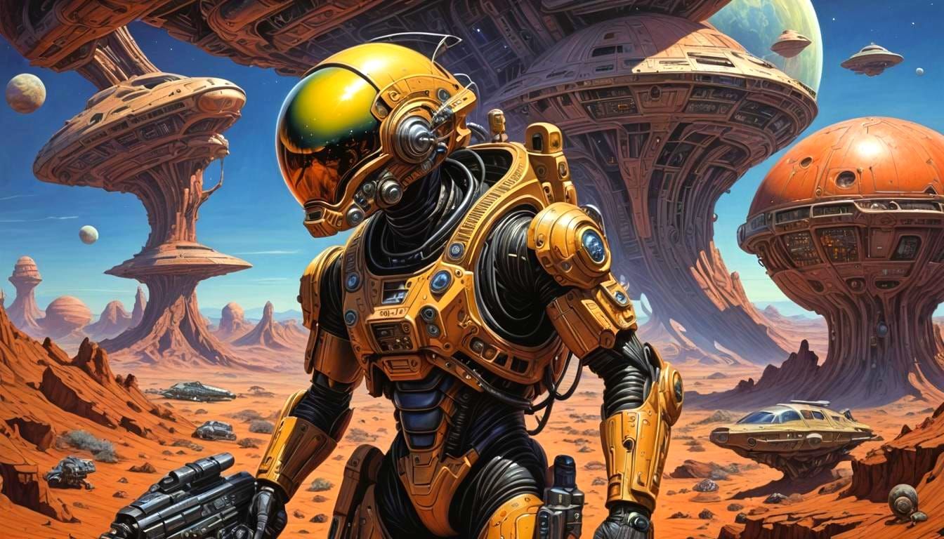 Retrofuturistic Explorer on Alien Planet in Acrylic Style