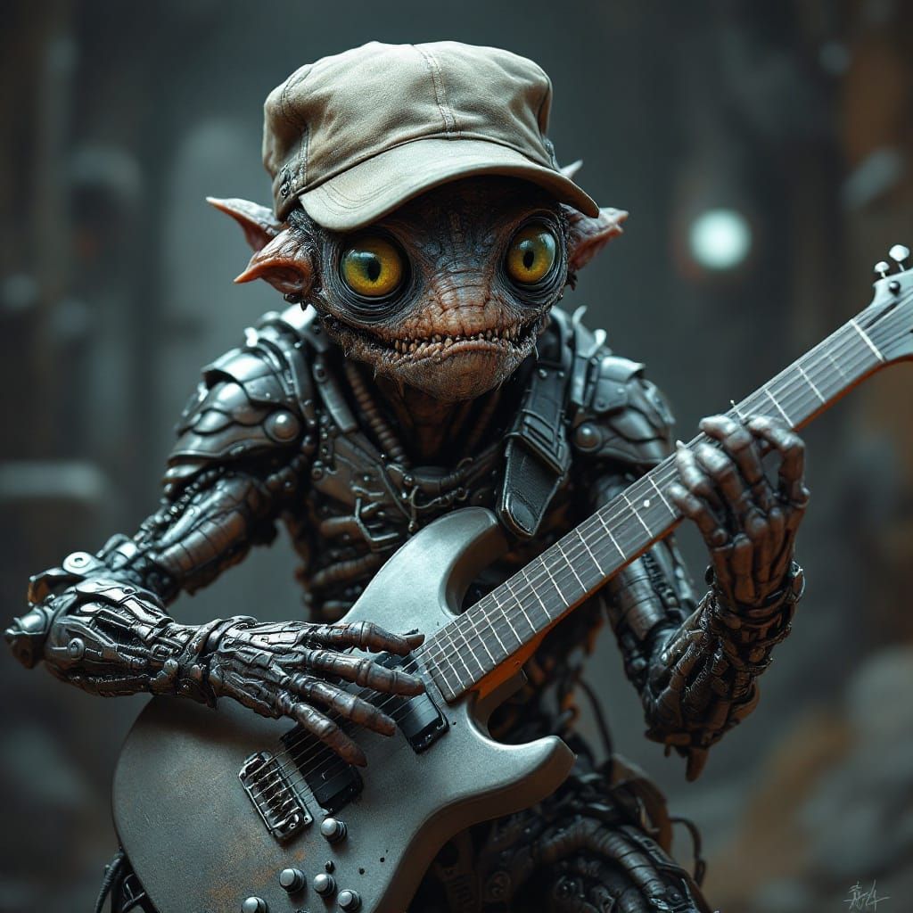Sci-Fi Monster Strums Guitar in 3D Art Style