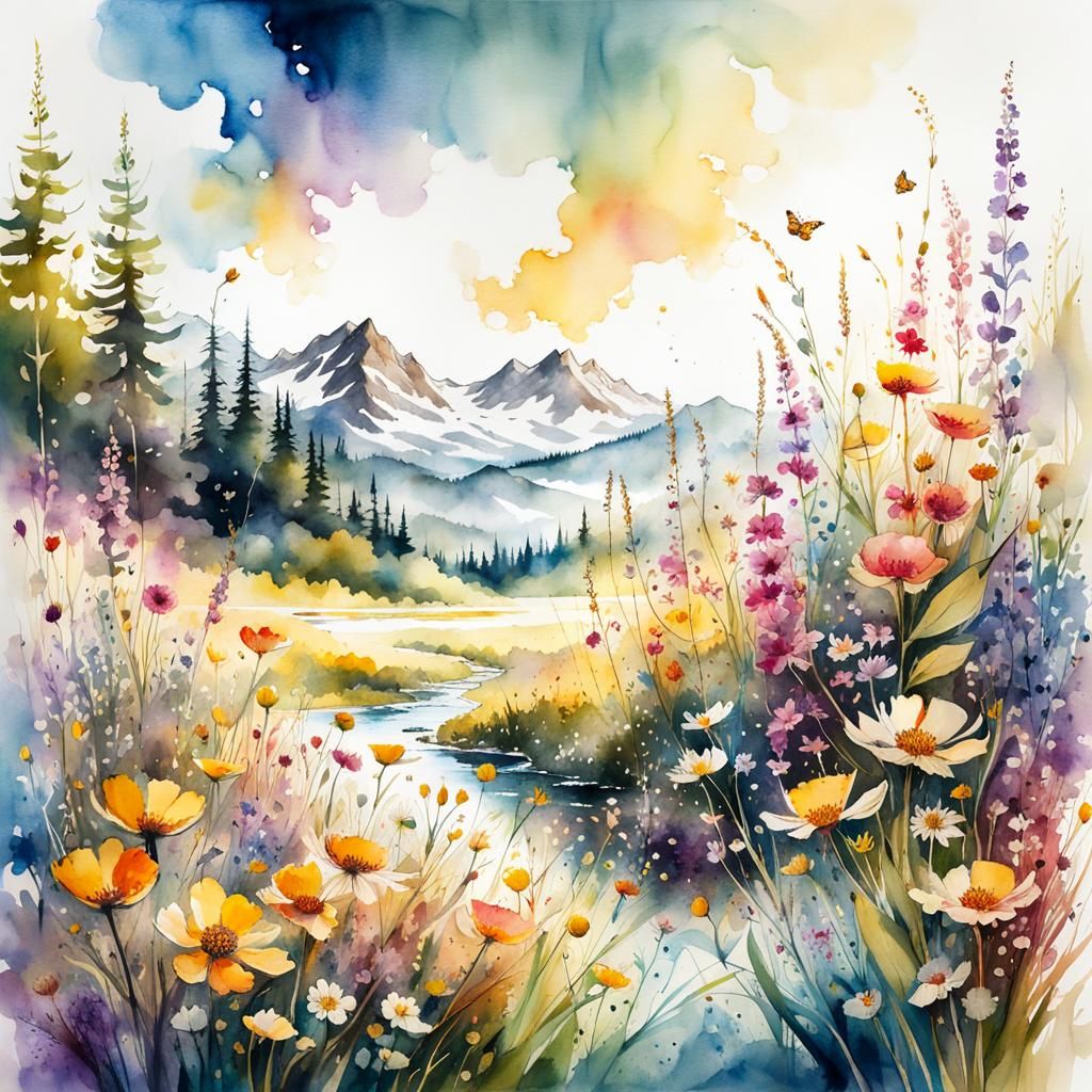 Watercolor Flower Meadow Landscape in Morning Light