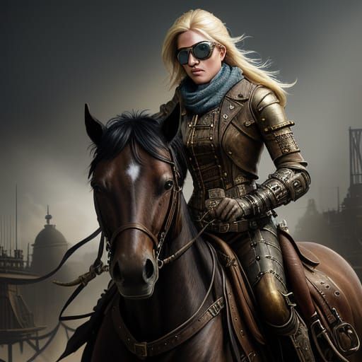 Rogue Blonde Woman on Horse in Steampunk World