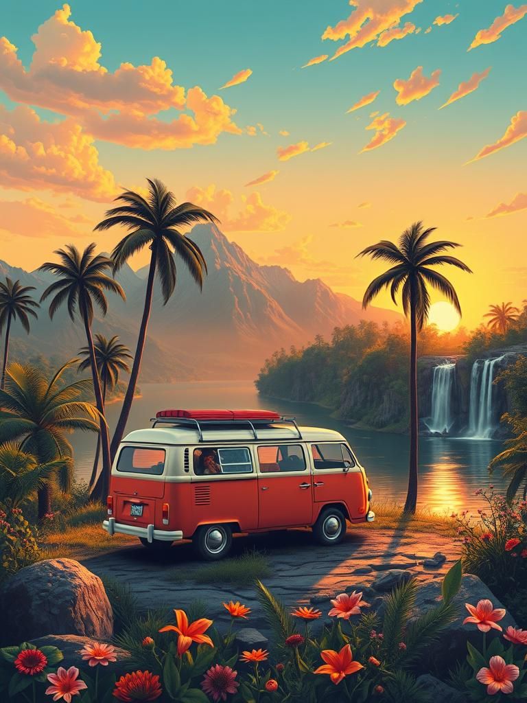 VW Bus Camping at Tropical Lake: Poster Art