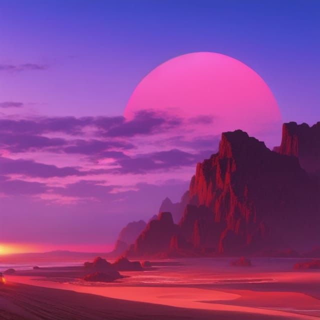 Neon Vaporwave Sunset Beach Painting