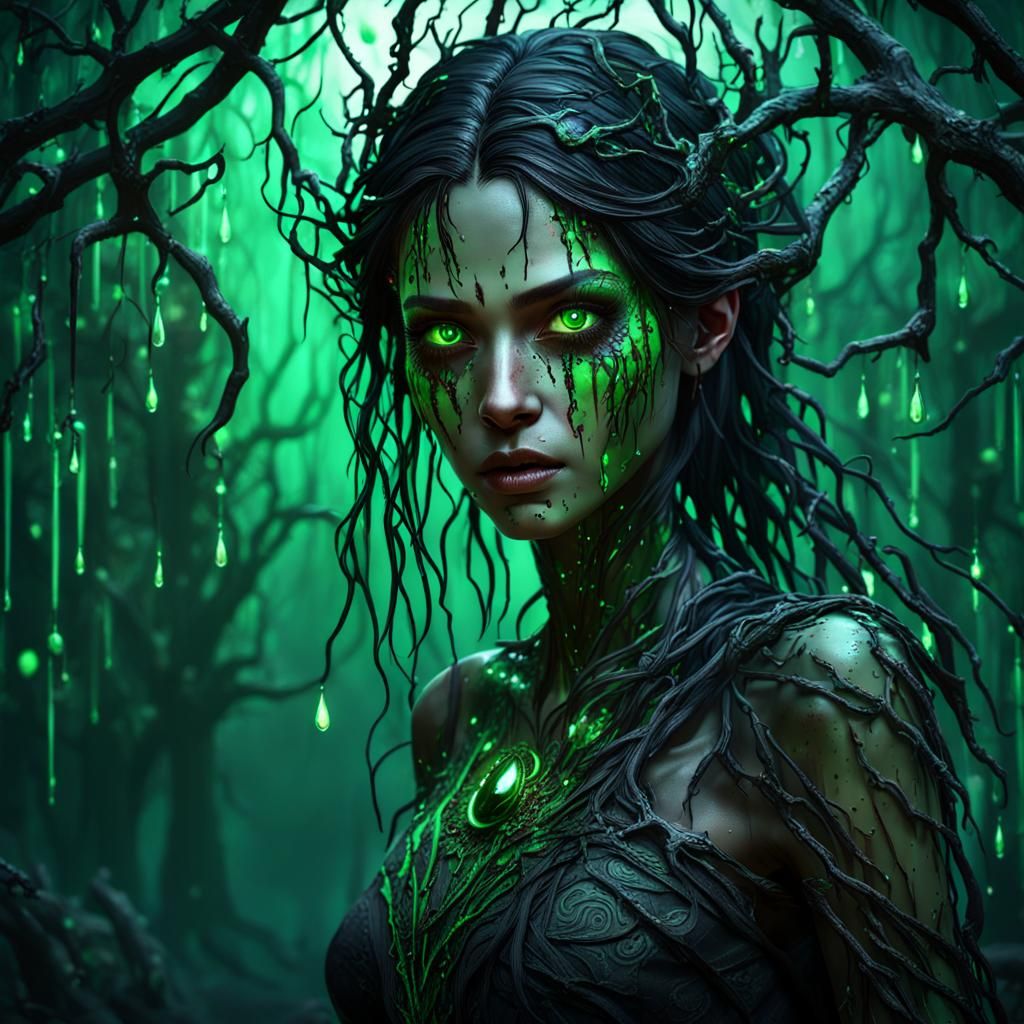 Gothic Girl with Green Eyes in Dark Fantasy Style