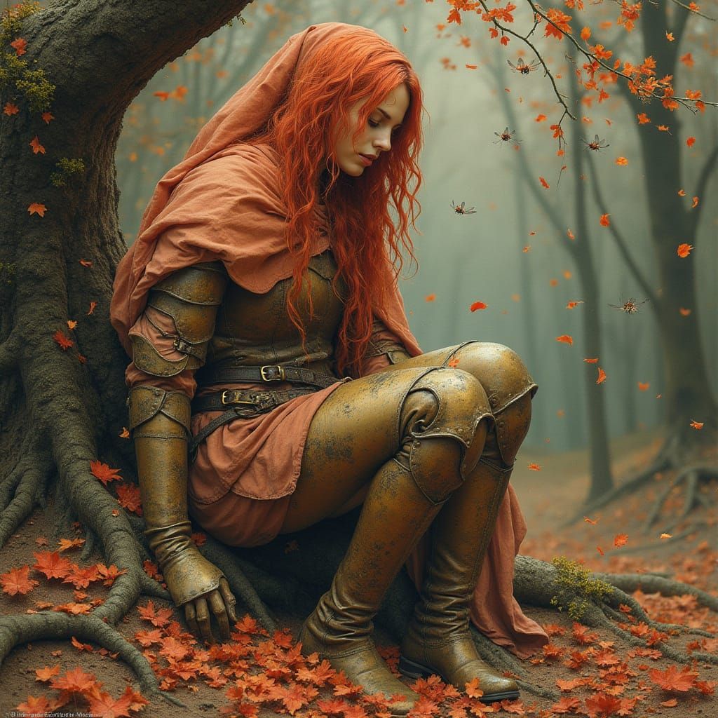 Battle Maiden in Crimson Hair, Leafy Forest, Harsh Organic S...