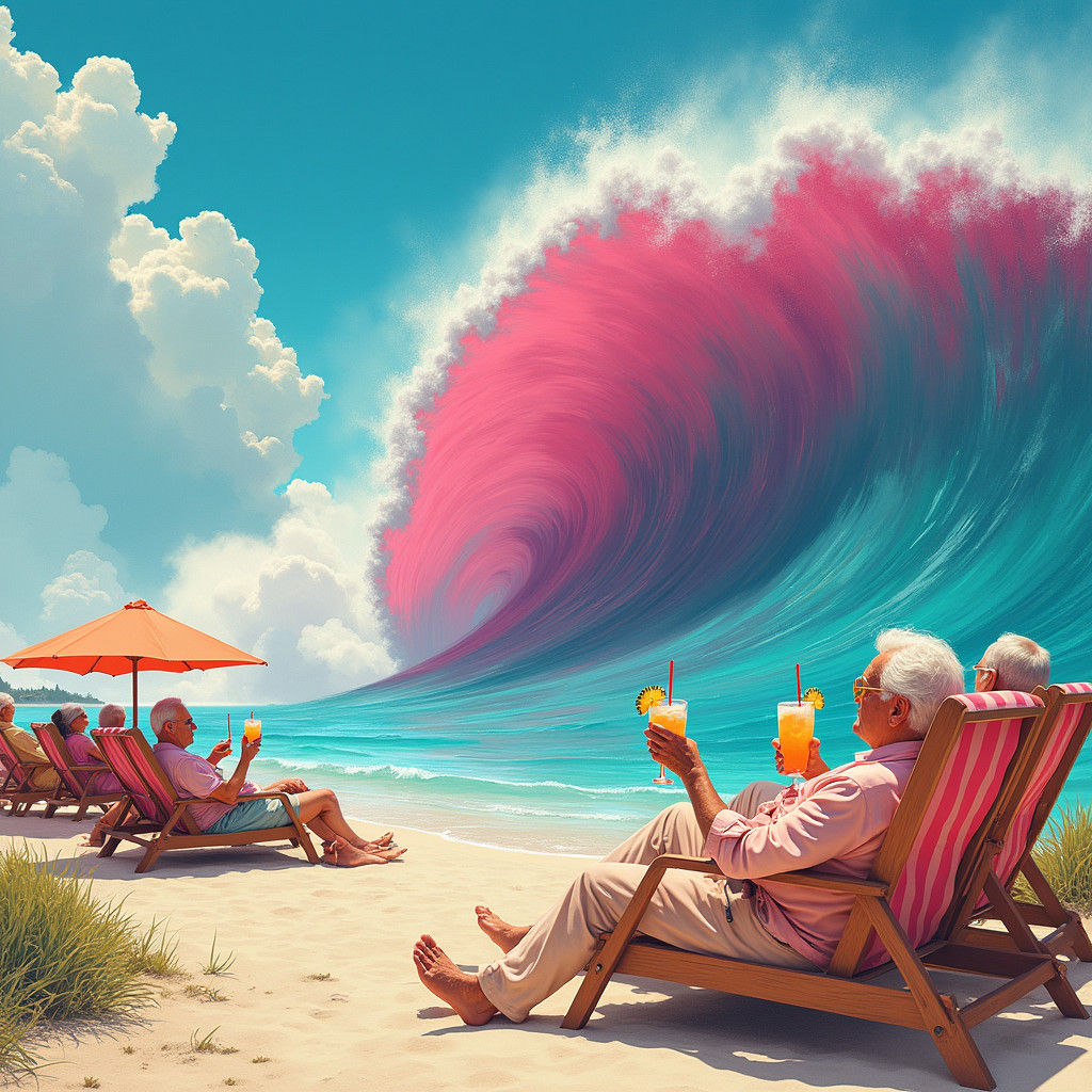 Pink Tsunami Crashing on Elderly Beachgoers, Futuristic Conc...