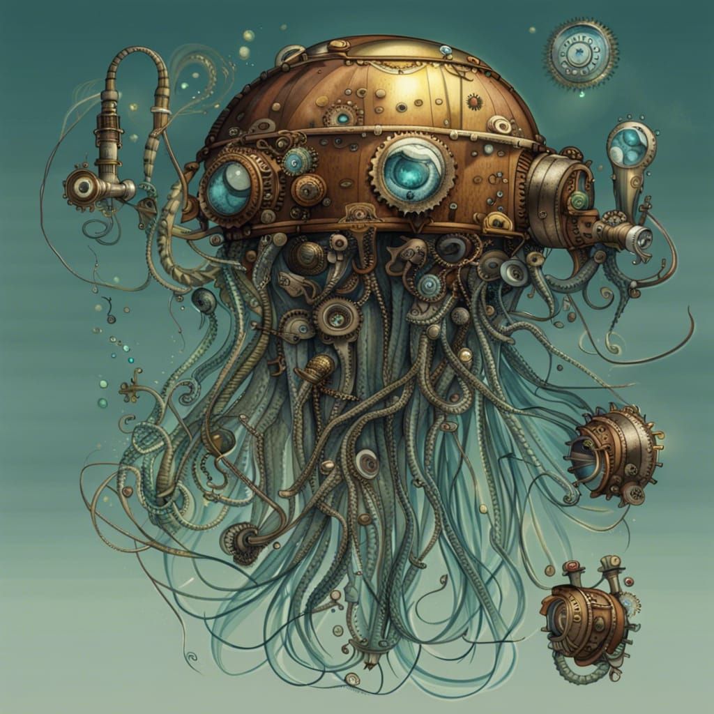 Steampunk Robot Jellyfish Underwater