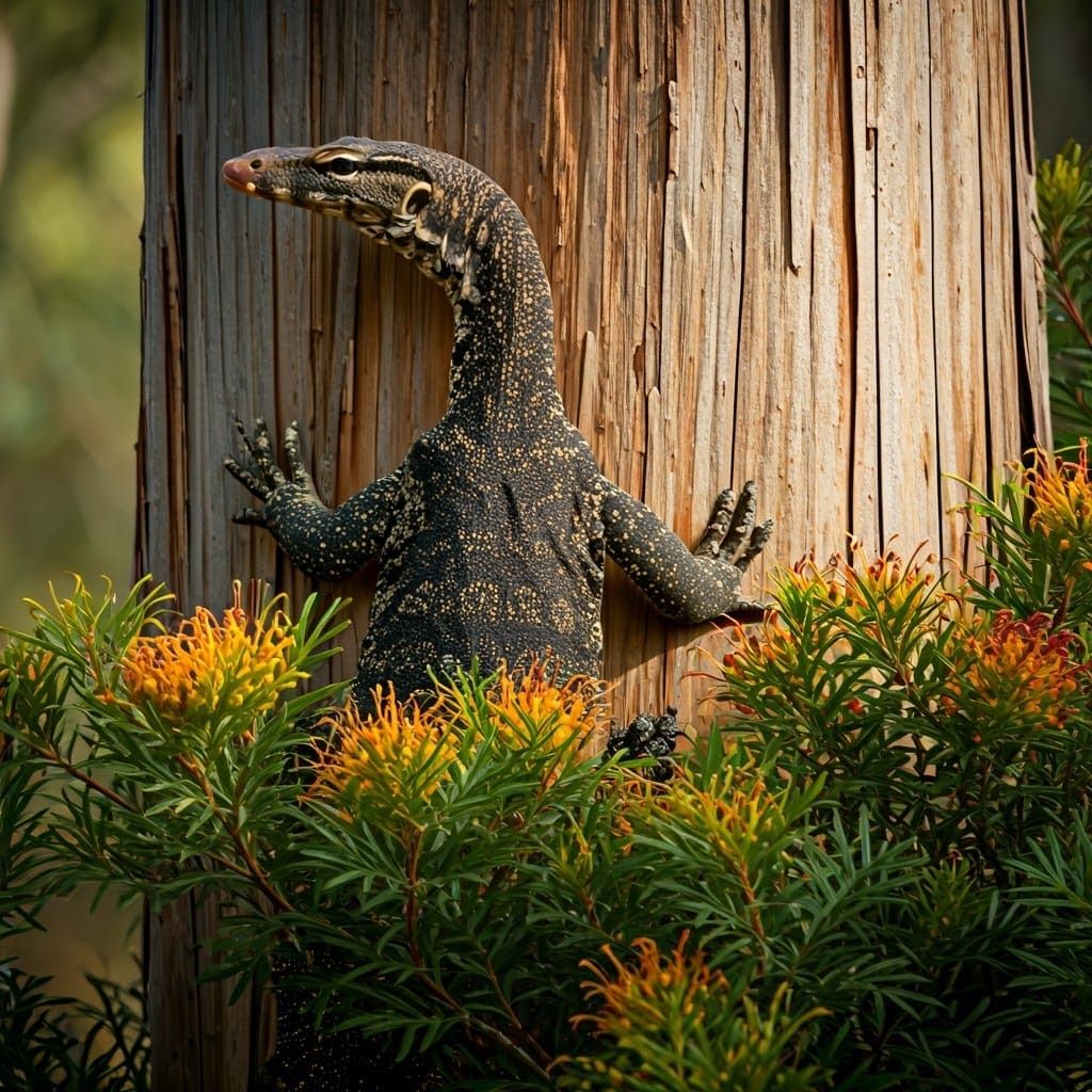 Lace Monitor on Tree Trunk with Grevillea Shrubs