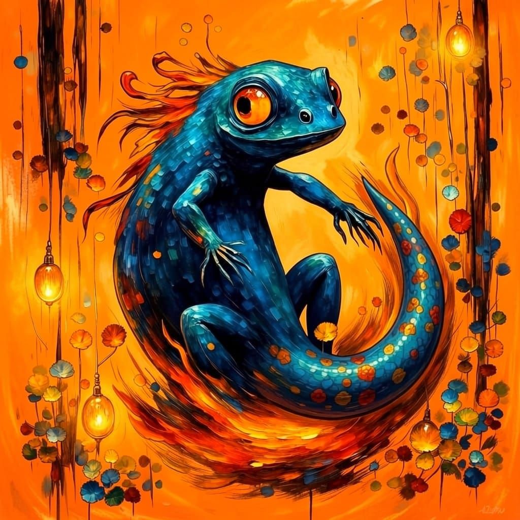 Blue and Orange Salamander Amidst Fire in Dark Cave