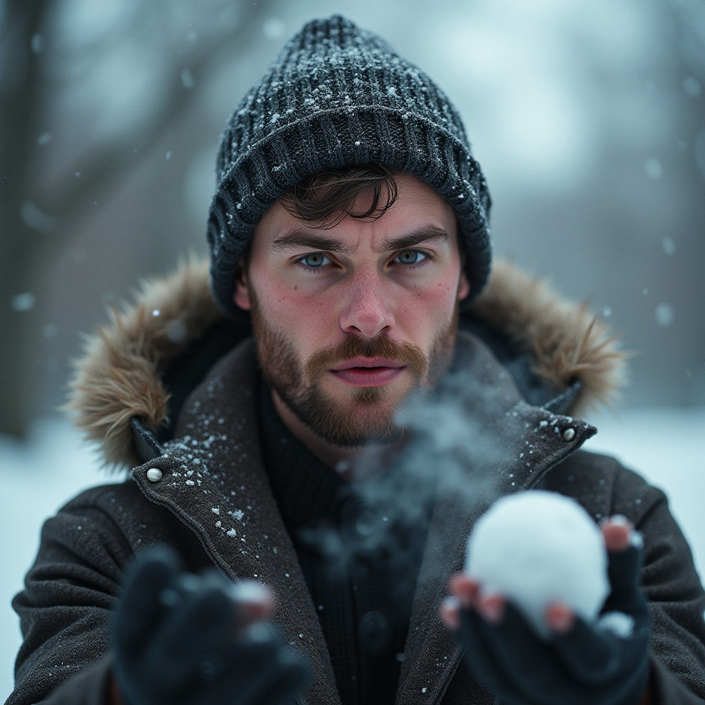 Irish Man Throwing Snowball in Cold, Cinematic Portrait