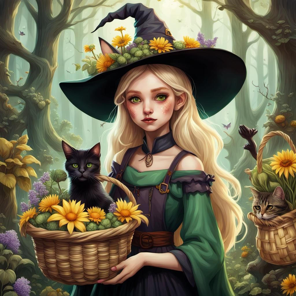 Cute Forest Witch Gathering Potion Ingredients