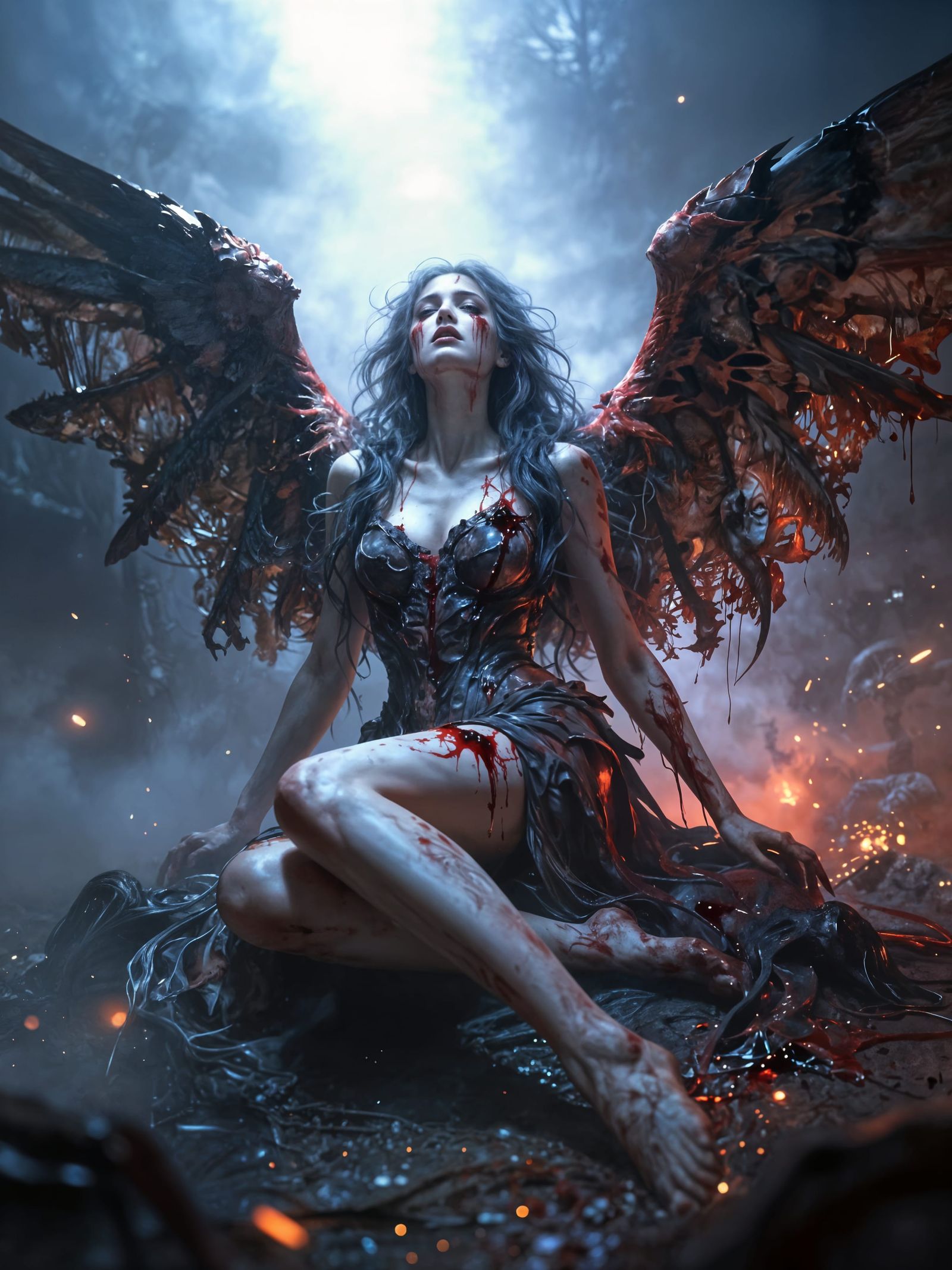 Ethereal Fallen Angel Decaying in Dramatic Matte Painting
