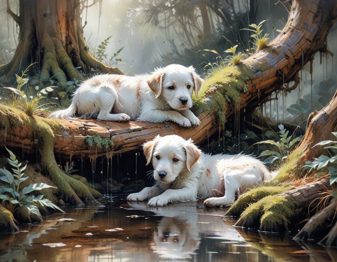 Fluffy Puppies Hiding Under Tree in Soft Light