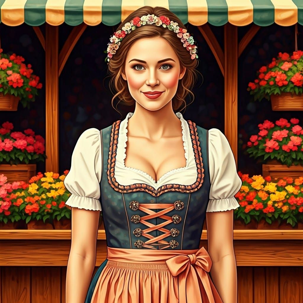 Dirndl Dress in Bavarian Market, Digital Watercolor Style