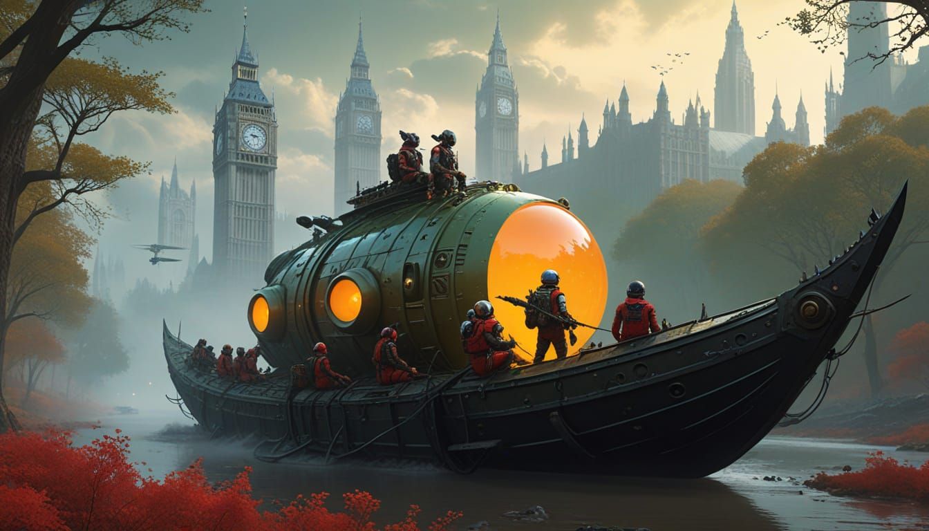 Surreal Steampunk Landscape with Astronauts in a Forest