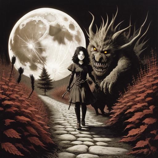 Cute Dark Fantasy Creature on Cobblestone Path