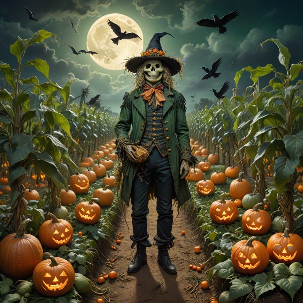 Creepy Scarecrow Amidst Harvest Moon and Crows