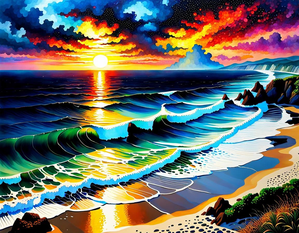Stormy Sunset Beach in Pointillist Style