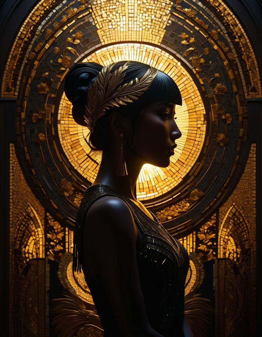 Art Nouveau Silhouette with Hyperrealistic Lighting