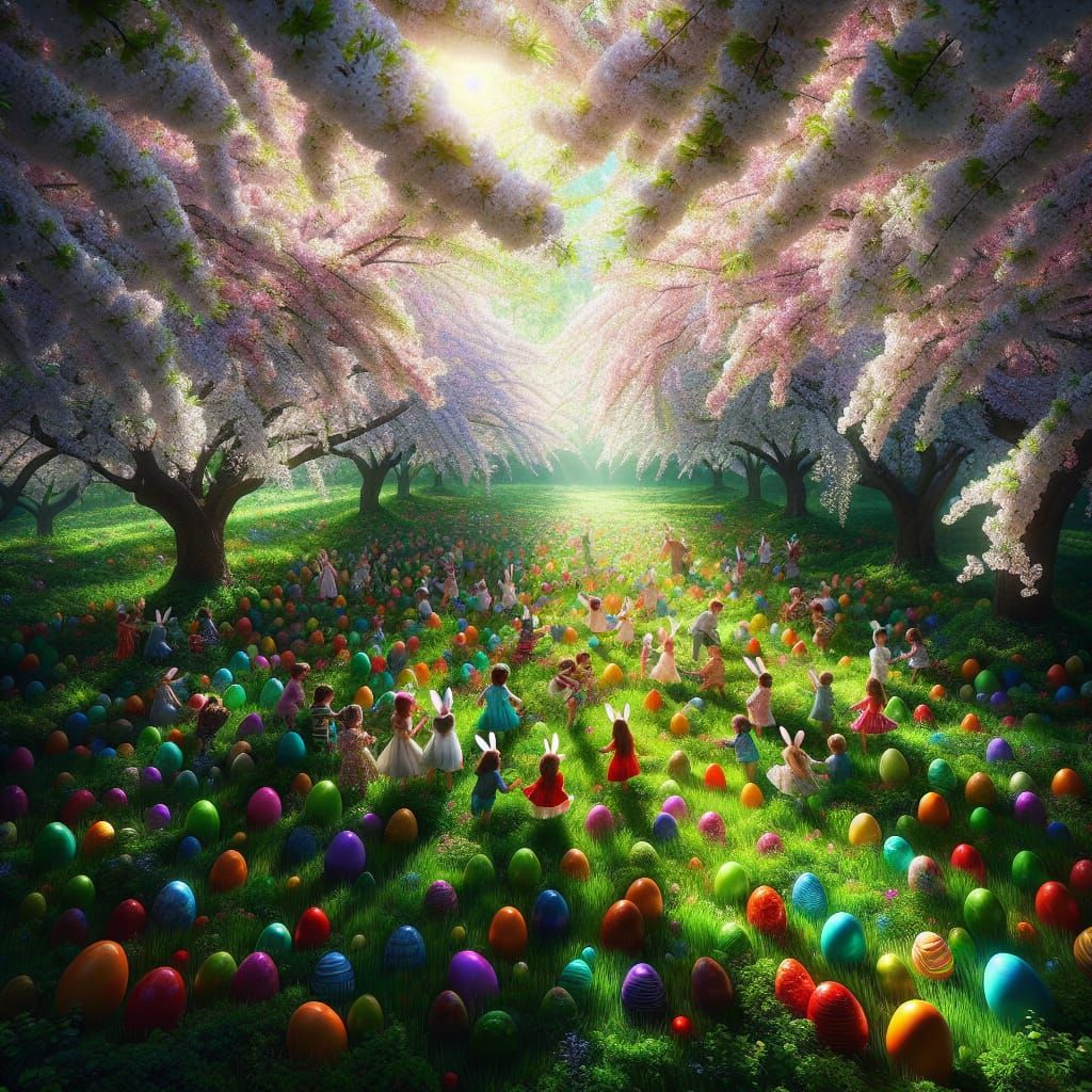 Egg hunters clad in vibrant Easter attire swarm a lush, emer...