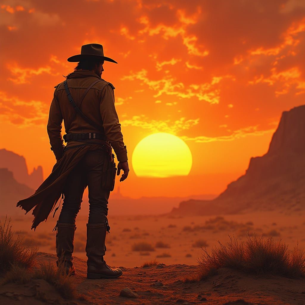 Cowboy Silhouette Against Fiery Desert Sunset