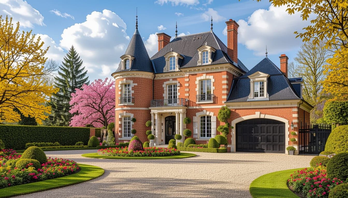 Grand Chateau with Vibrant Garden Under Puffy Clouds
