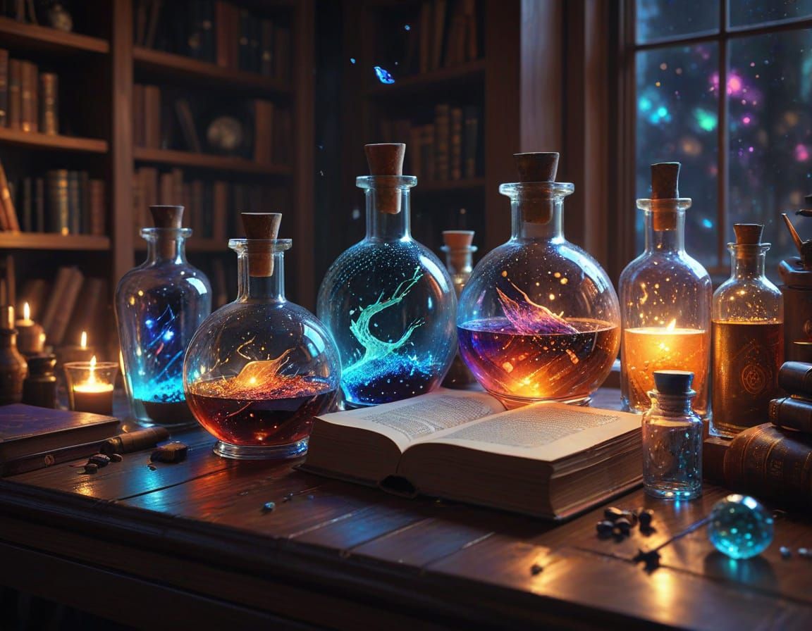 Magical Potions on Desk with Cauldron