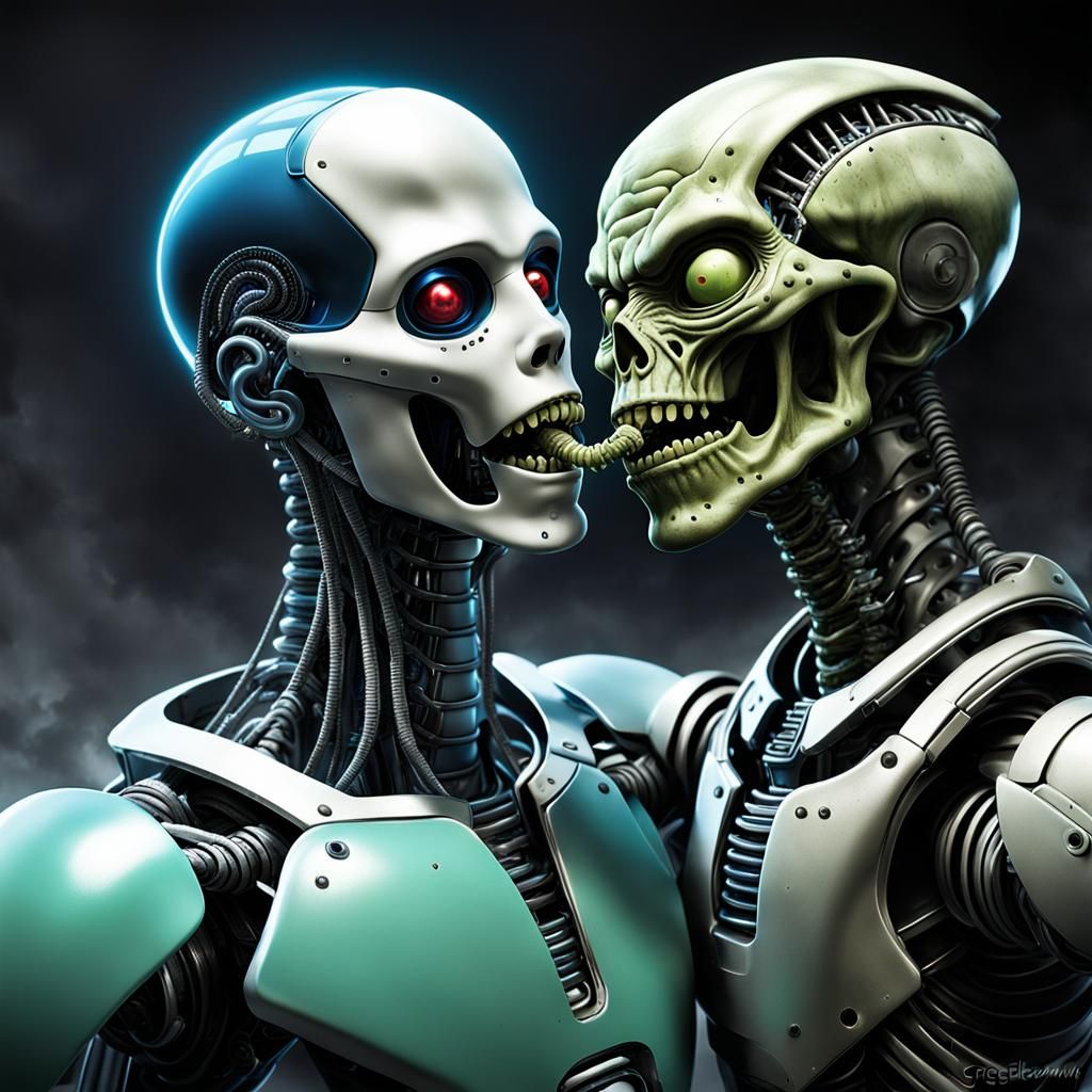 Sinister Cybernetic Robot Strangling Alien