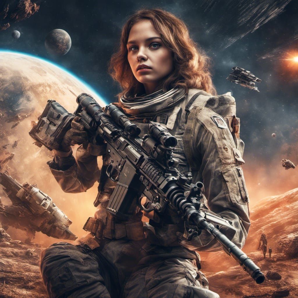 Hyperrealistic Girls in Space War Scene