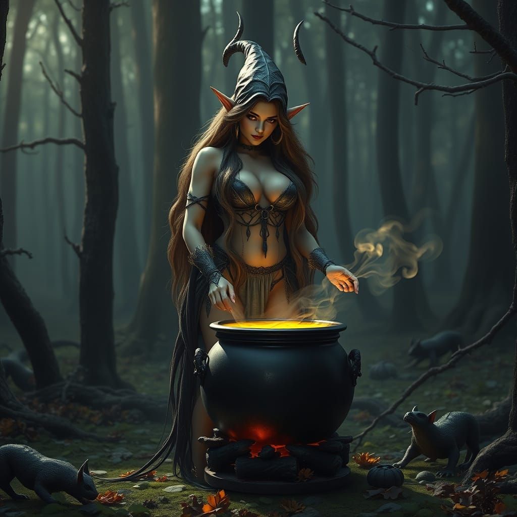Voluptuous Elf Witch Brews Potion in Forest, Hyper-Realistic