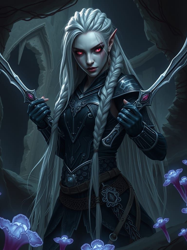 Menacing Drow Warrior in Bioluminescent Cavern