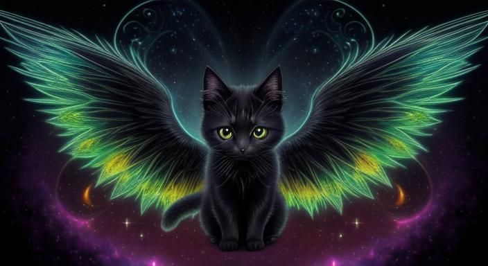 Winged Black Kitten with Aurora Background
