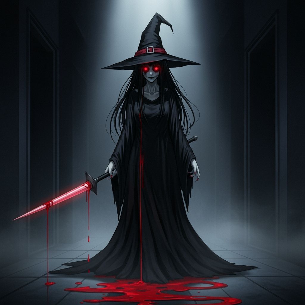 Creepy Witch With Glowing Red Eyes in Dark Hallway